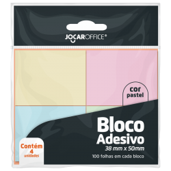 BLOCO ADESIVO COLORIDO PASTEL 38MMX50MM - OPPBAG C/ 4 BLOCOS 100F CADA JOCAR OFFICE