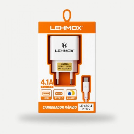 CARREGADOR TURBO DE CELULAR E TABLET USB TYPE-C 5V 4.1A LEHMOX