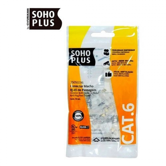 CONECTOR MACHO RJ45 DE PASSAGEM FURUKAWA SOHOPLUS CAT6 PARA CABO SOLIDO E FLEXIVEL PCT 10 UNI